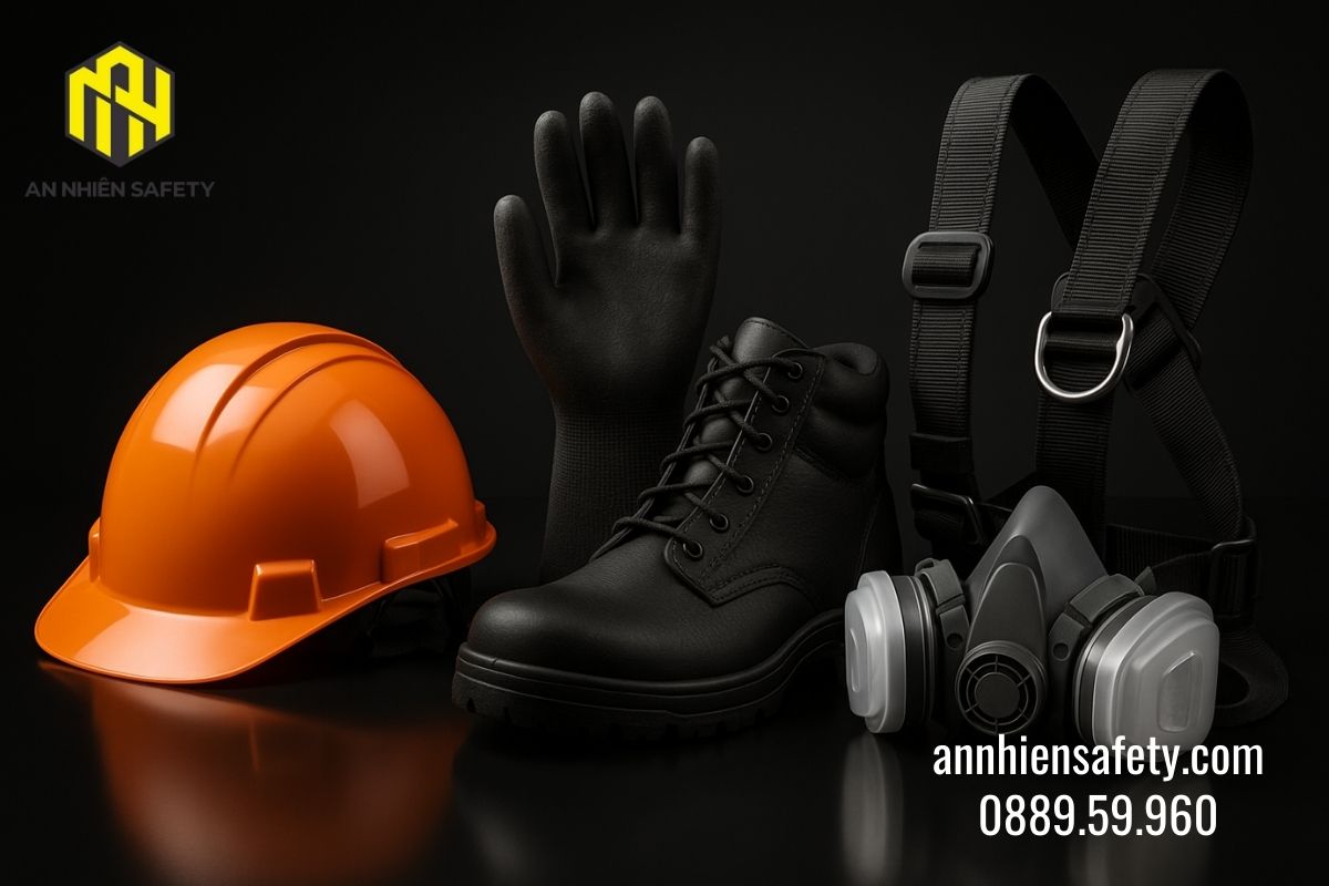 Bộ sản phẩm bảo hộ công trường gồm găng tay da, kính bảo hộ, giày mũi thép và chụp tai chống ồn trên nền đen sang trọng